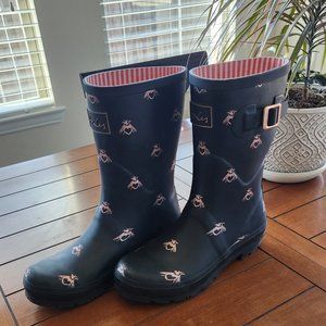 SIZE 9 Joules Rain Boots Black with Pink Bee Print, EUC, Like New, Worn Once